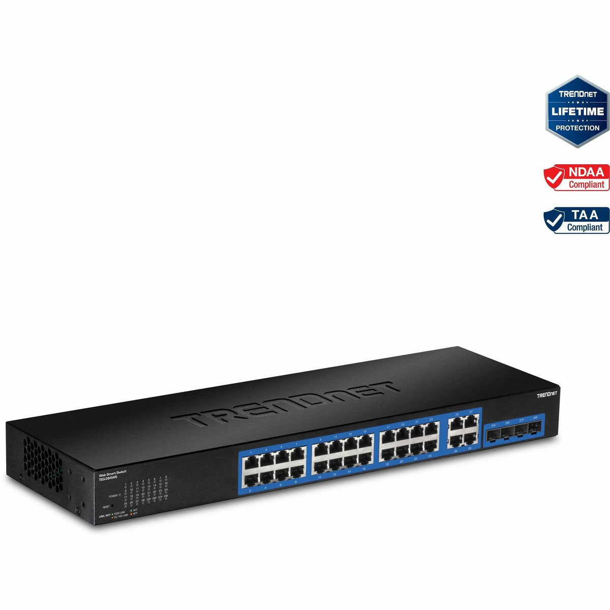 TRENDnet 28-Port Gigabit Web Smart Switch; 24 x Gigabit Ports; 4 x Shared Gigabit Ports (RJ-45/SFP); VLAN; QoS; LACP; IPv6; 56Gbps Switching Capacity; Lifetime Protection; TEG-284WS - TEG-284WS