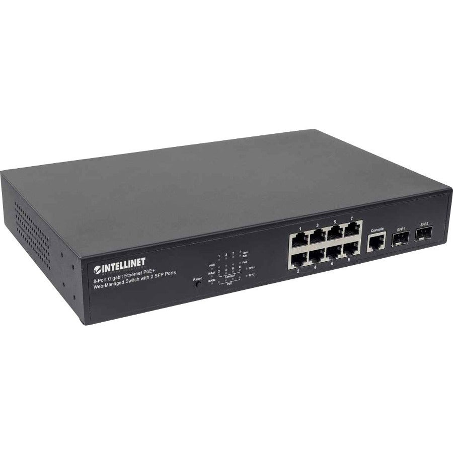 Intellinet Network Solutions 8-Port Gigabit PoE+ Web-Managed Switch with 2 SFP Ports, 140 Watt Power Budget, Desktop, Rackmount with Ears - 561167