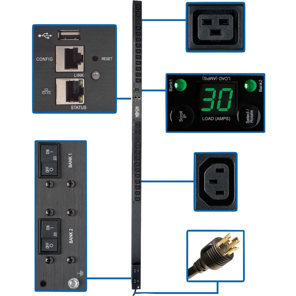 Tripp Lite by Eaton 5.5kW Single-Phase Monitored PDU with LX Platform Interface, 208/230V Outlets (20 C13 & 4 C19), L6-30P, 0U, TAA - PDUMNV30HVLX