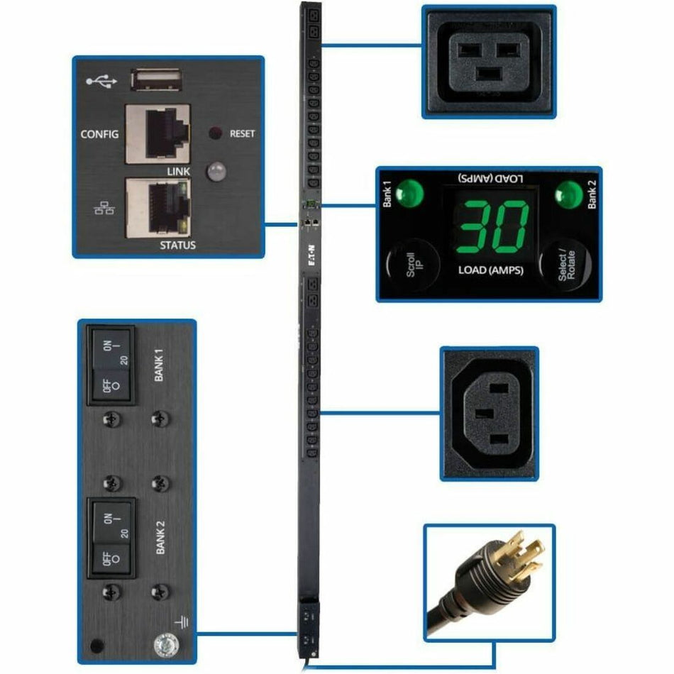Eaton 5.5kW Single-Phase Monitored PDU with LX Platform Interface, 208/230V Outlets (20 C13 & 4 C19), L6-30P, 0U, TAA - PDUMNV30HVLX