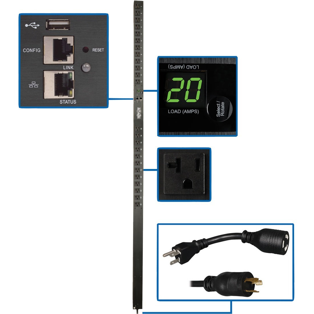 Tripp Lite by Eaton PDU 1.9kW Single-Phase Monitored PDU with LX Platform Interface 120V Outlets (24 5-15/20R) 0U Vertical 70 in. TAA - PDUMNV20LX
