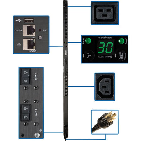 Tripp Lite by Eaton 5.5kW Single-Phase Switched PDU - LX Interface, 208/230V Outlets (20 C13 & 4 C19), L6-30P, 0U, TAA - PDUMV30HVNETLX