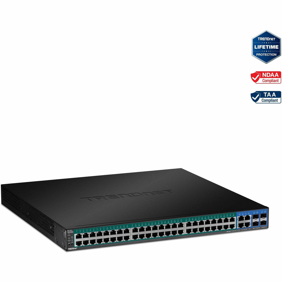 TRENDnet 52-Port Gigabit Web Smart PoE+ Switch, 48 Gigabit PoE+ Ports, 4 Shared Gigabit Ports (RJ-45 Or SFP), 370W PoE Power Budget, 104Gbps Switching Capacity, Lifetime Protection, Black, TPE-5240WS - TPE-5240WS