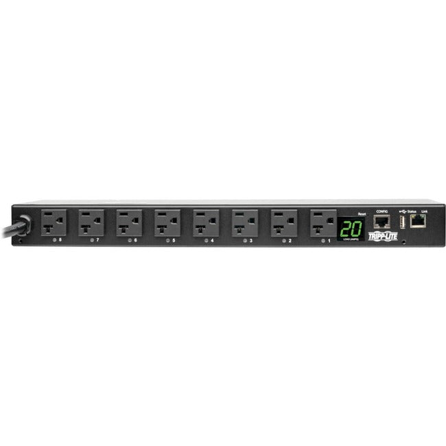 Tripp Lite by Eaton 1.9kW Single-Phase Switched PDU, LX Interface, 120V Outlets (8 5-15/20R), NEMA L5-20P/5-20P input, 12 ft. (3.66 m) Cord, 1U Rack, TAA - PDUMH20NET2LX