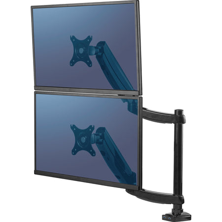 Fellowes Platinum Series High Quality Dual and Dual Stacking Monitor Arm for 27 Inch(stacking) and 32 Inch(side by side) Monitors, Full Motion, 360&deg; Rotation, VESA Mount with Grommet or Clamp, USB Ports, Ergonomic, Black - 8043401