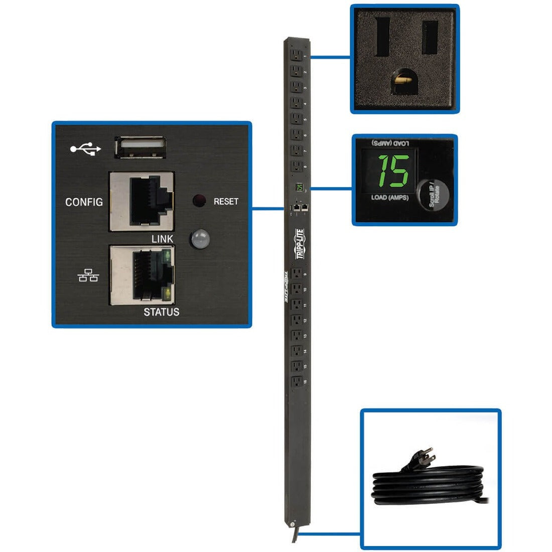Eaton 1.4kW Single-Phase Monitored PDU with LX Platform Interface, 120V Outlets (16 5-15R), 10 ft. (3.05 m) Cord with 5-15P Plug, 0U, TAA - PDUMNV15LX