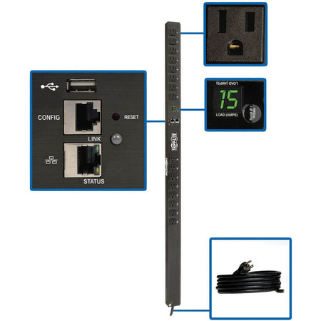 Eaton 1.4kW Single-Phase Monitored PDU with LX Platform Interface, 120V Outlets (16 5-15R), 10 ft. (3.05 m) Cord with 5-15P Plug, 0U, TAA - PDUMNV15LX