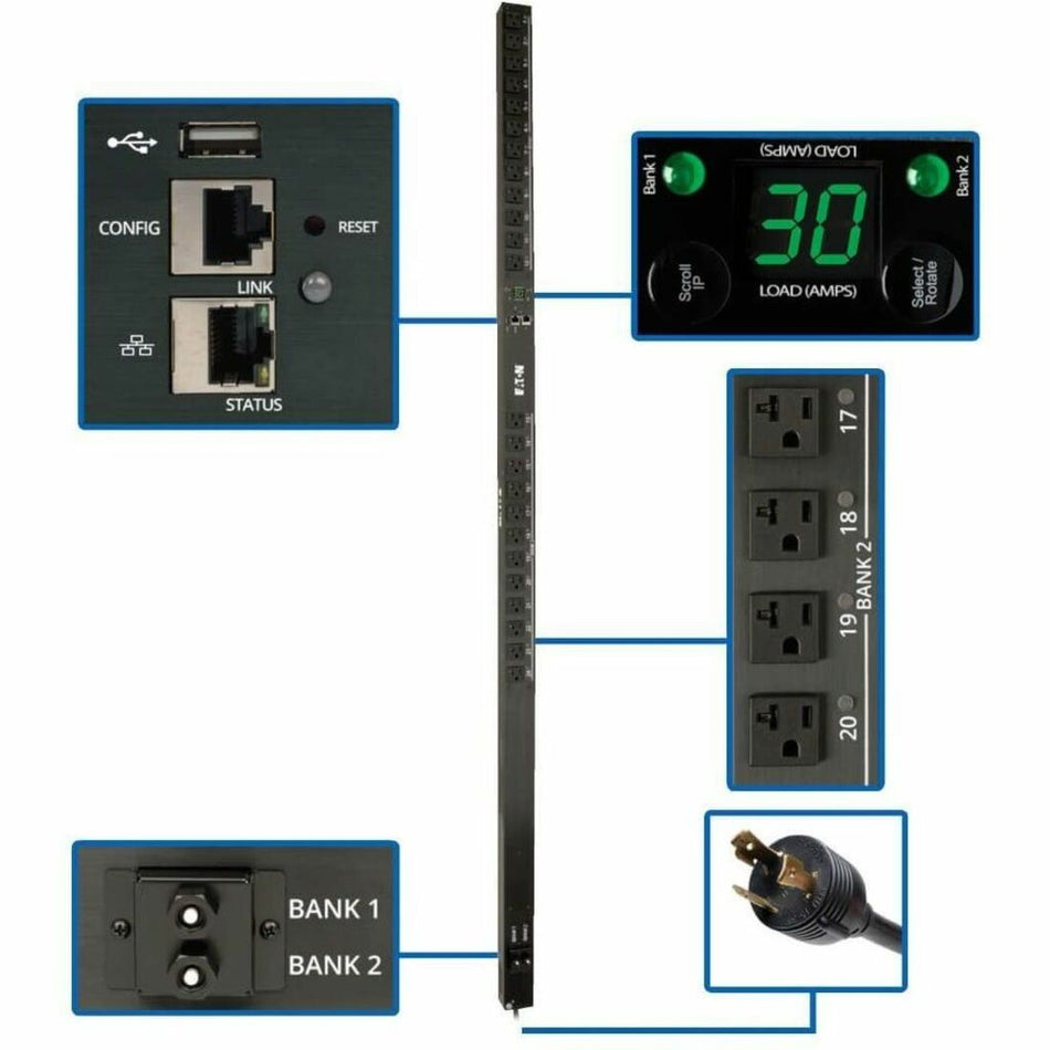 Tripp Lite by Eaton PDU 2.9kW Single-Phase Switched PDU - LX Interface 120V Outlets (24 5-15/20R) 10 ft. (3.05 m) Cord with L5-30P 0U TAA - PDUMV30NETLX