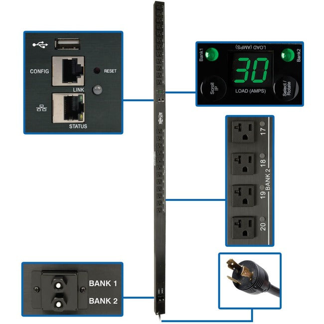 Tripp Lite by Eaton 2.9kW Single-Phase Switched PDU - LX Interface, 120V Outlets (24 5-15/20R), 10 ft. (3.05 m) Cord with L5-30P, 0U, TAA - PDUMV30NETLX