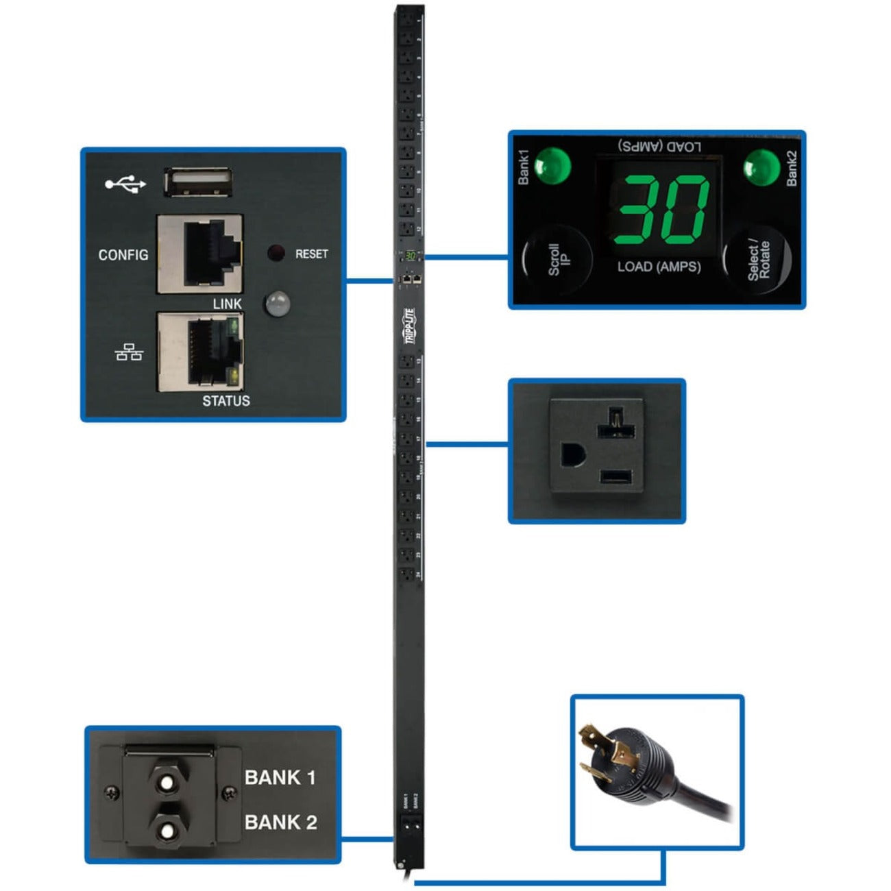 Tripp Lite by Eaton 2.9kW Single-Phase Monitored PDU with LX Platform Interface, 120V Outlets (24 5-15/20R), L5-30P Plug, 0U Vertical, TAA - PDUMNV30LX