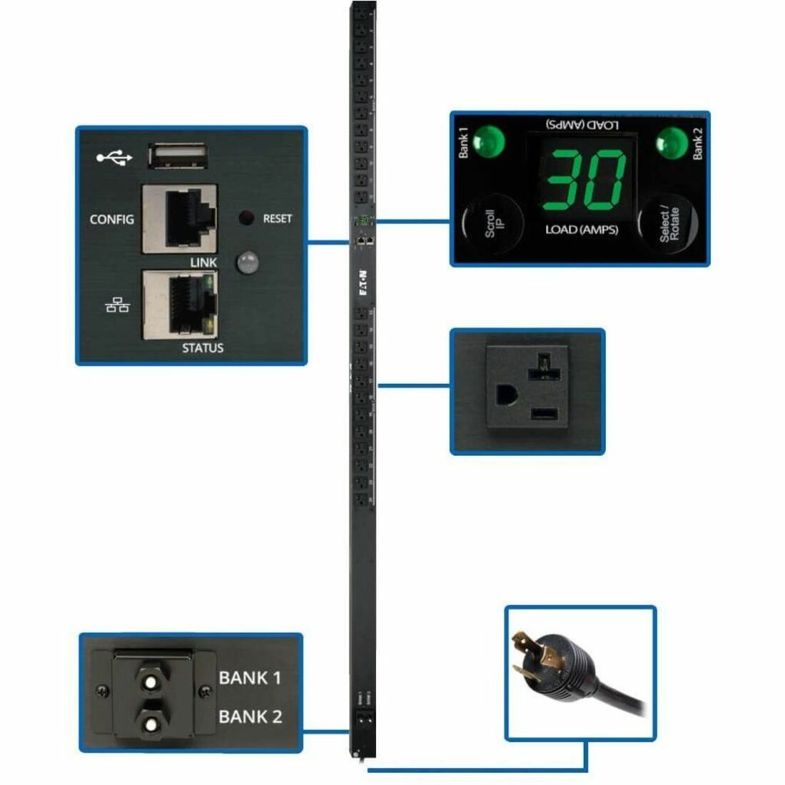 Eaton 2.9kW Single-Phase Monitored PDU with LX Platform Interface, 120V Outlets (24 5-15/20R), L5-30P Plug, 0U Vertical, TAA - PDUMNV30LX