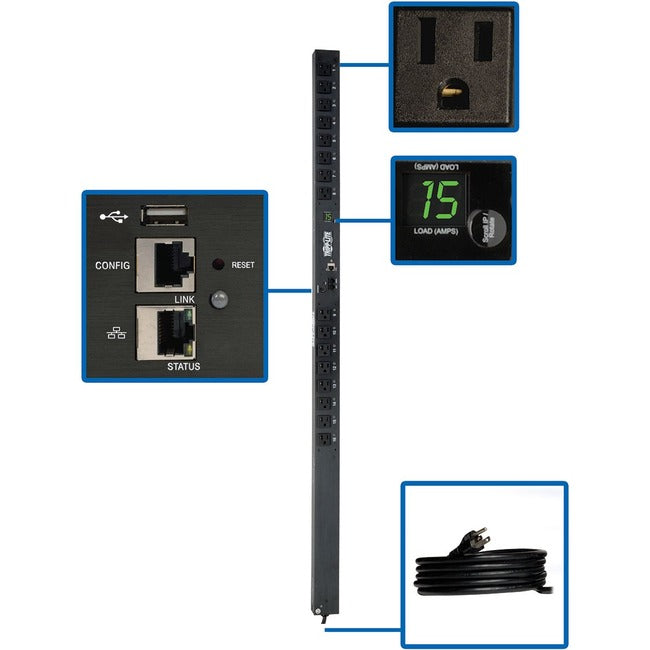 Tripp Lite by Eaton 1.4kW Single-Phase Switched PDU - LX Interface, 120V Outlets (16 5-15R), 10 ft. (3.05 m) Cord with 5-15P, 0U, TAA - PDUMV15NETLX