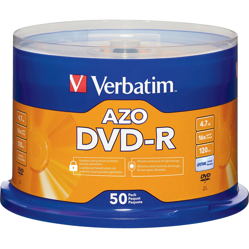 Verbatim AZO DVD-R 4.7GB 16X with Branded Surface - 50pk Spindle - 95101