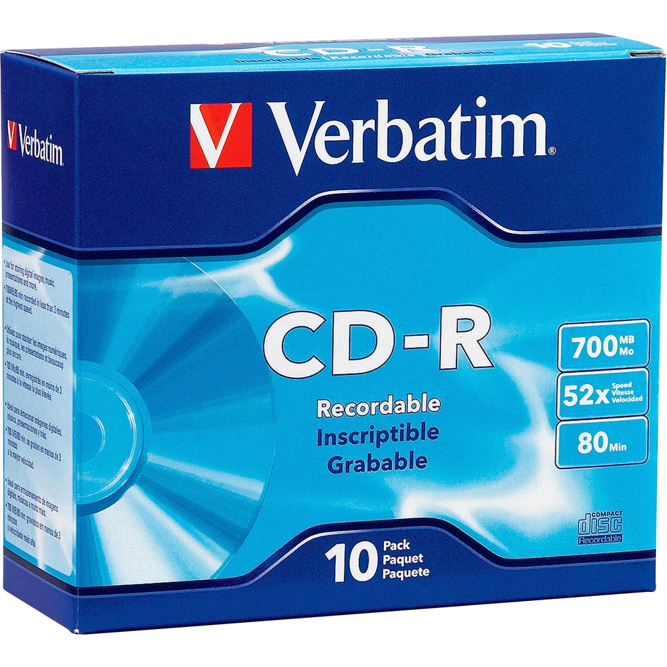 Verbatim CD-R 700MB 52X with Branded Surface - 10pk Slim Case - 94935