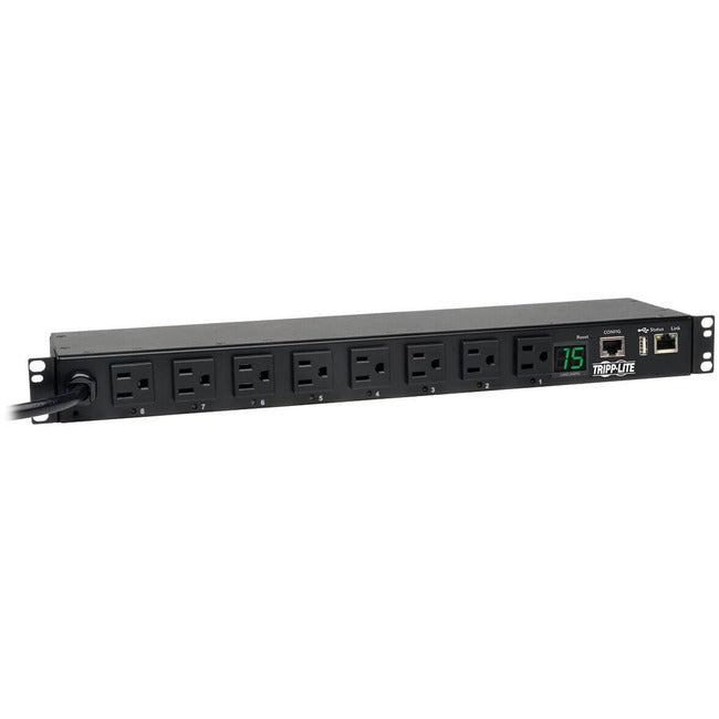 Tripp Lite by Eaton 1.4kW Single-Phase Switched PDU, LX Interface, 120V Outlets (8 5-15R), NEMA 5-15P, 12 ft. (3.66 m) Cord, 1U Rack, TAA - PDUMH15NET2LX