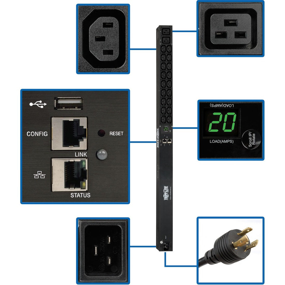 Tripp Lite by Eaton 3.7kW Single-Phase 208/230V Monitored PDU - LX Platform, 18 C13, 2 C19 Outlets, C20 / L6-20P Inputs, 0U 900mm Height, TAA - PDUMNV20HV2LX