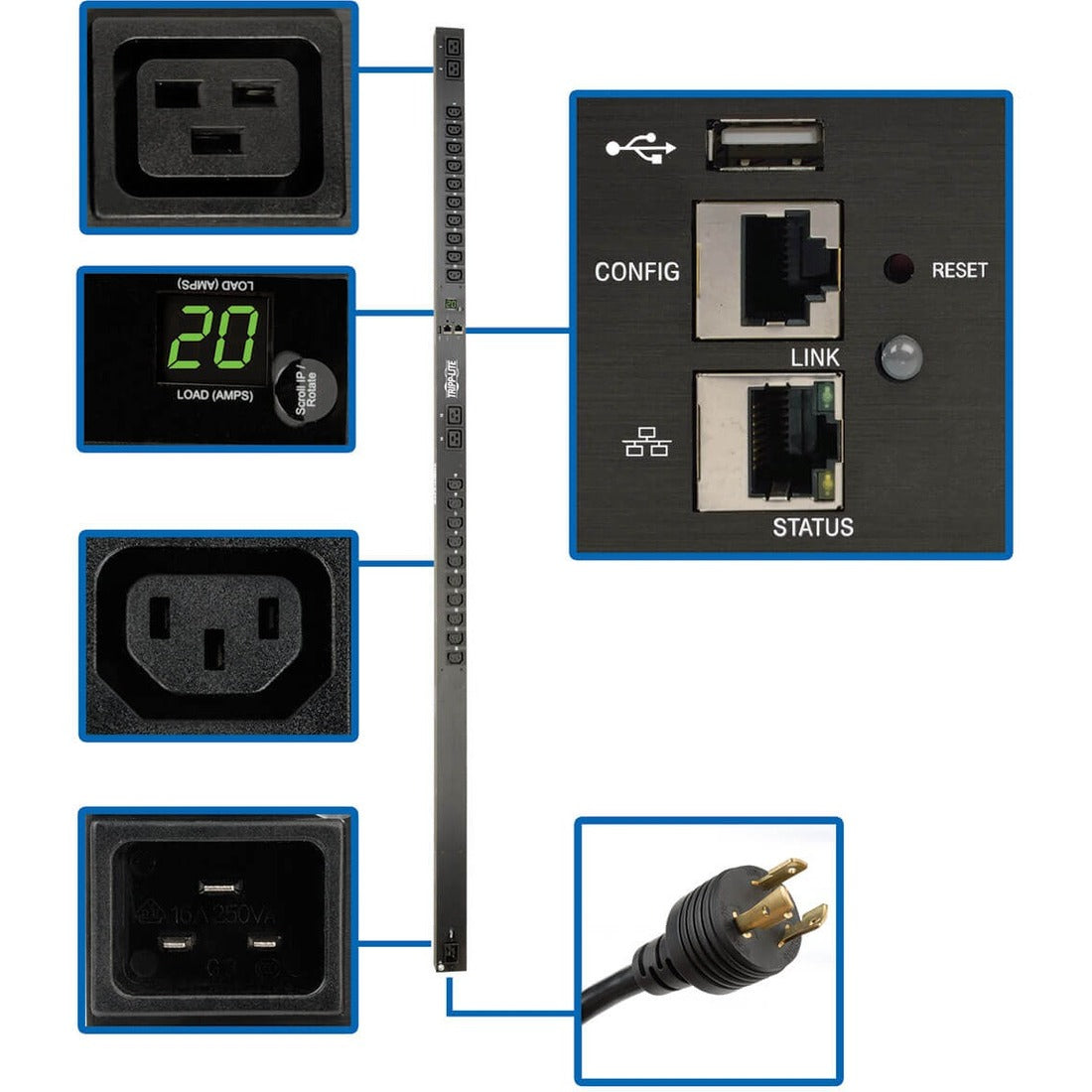 Tripp Lite by Eaton 3.7kW Single-Phase 208/230V Monitored PDU - LX Platform, 20 C13, 4 C19 Outlets, C20 Input with L6-20P Adapter, 0U 1778mm Height, TAA - PDUMNV20HVLX