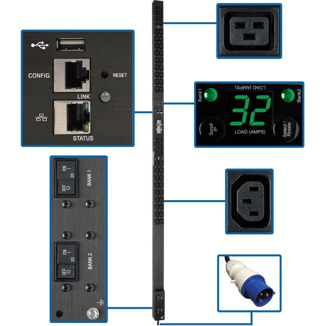 Tripp Lite by Eaton 7.7kW Single-Phase Monitored PDU, LX Interface, 200-240V Outlets (36 C13/6 C19), IEC 309 32A Blue, 10 ft. (3.05 m) Cord, 0U 1.8m/70 in. Height, TAA - PDUMNV32HV2LX