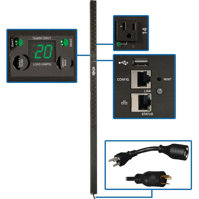 Tripp Lite by Eaton 1.9kW Single-Phase Switched PDU, LX Platform, Outlet Monitoring, 120V Outlets (24 NEMA 5-15/20R), L5-20P Plug, 0U, TAA - PDUMVR20NETLX