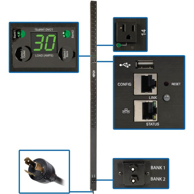 Tripp Lite by Eaton 2.9kW Single-Phase Switched PDU, LX Platform, Outlet Monitoring, 120V Outlets (24 NEMA 5-15/20R), L5-30P Plug, 0U, TAA - PDUMVR30NETLX