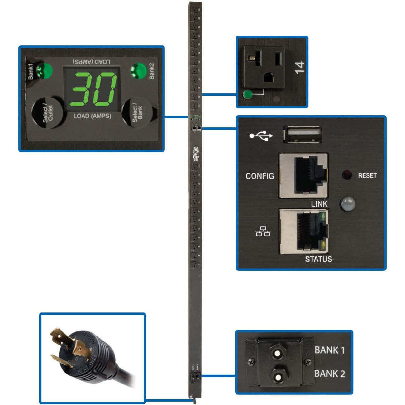 Tripp Lite by Eaton PDU 2.9kW Single-Phase Switched PDU LX Platform Outlet Monitoring 120V Outlets (24 NEMA 5-15/20R) L5-30P Plug 0U TAA - PDUMVR30NETLX