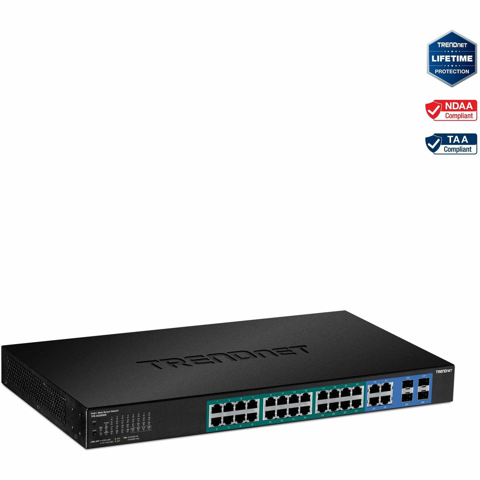TRENDnet 28-Port Web Smart PoE+ Switch; 24 x Gigabit PoE+ Ports; 4 x Shared Gigabit Ports (RJ-45 or SFP); VLAN; QoS; LACP; IPv6 Support; 370W PoE Power Budget; Lifetime Protection; TPE-5028WS - TPE-5028WS