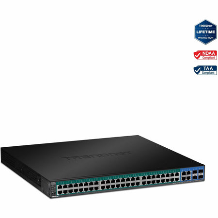 TRENDnet 52-Port Web Smart PoE+ Switch; 48 x Gigabit PoE+ Ports; 4 x Shared Gigabit Ports (RJ-45 or SFP); VLAN; QoS; LACP; IPv6 Support; 740W PoE Power Budget; Lifetime Protection; TPE-5048WS - TPE-5048WS