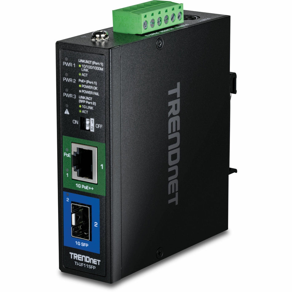 TRENDnet Industrial SFP to Gigabit PoE++ Media Converter (95W), TI-UF11SFP, 1 x Gigabit SFP Port, 1 x Gigabit PoE++ RJ45 Port, Up to 95W for PoE, PoE+, and PoE++ Devices, NDAA + TAA Compliant - TI-UF11SFP