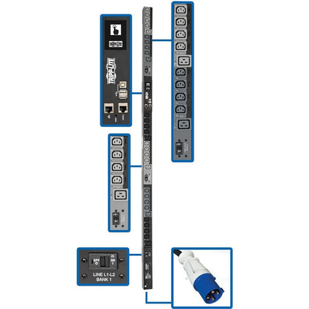 Tripp Lite by Eaton 14.5kW 200-240V 3PH Switched PDU - LX Interface, Gigabit, 30 Outlets, IEC 309 60A Blue Input, LCD, 1.8 m Cord, 0U 1.8 m Height, TAA - PDU3EVSR6G60