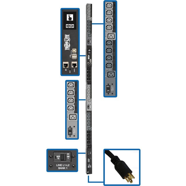 Tripp Lite by Eaton 10kW 200-240V 3PH Switched PDU - LX Interface, Gigabit, 30 Outlets, L21-30P Input, LCD, 1.8 m Cord, 0U 1.8 m Height, TAA - PDU3EVSR6L2130