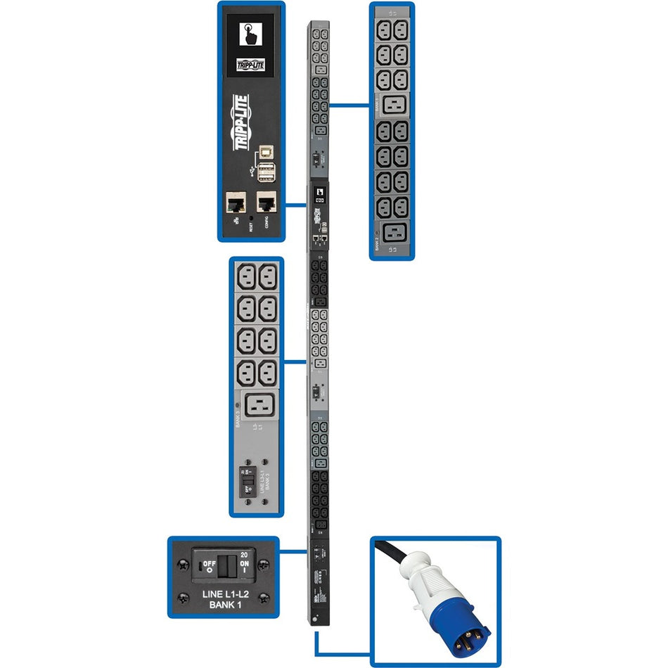 Tripp Lite by Eaton 14.5kW 200-240V 3PH Monitored PDU - LX Interface, Gigabit, 48 Outlets, IEC 309 60A Blue Input, LCD, 3 m Cord, 0U 1.8 m Height, TAA - PDU3EVN10G60B