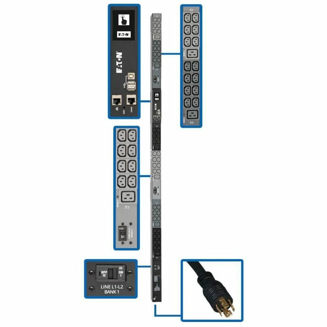 Eaton 10kW 200-240V 3PH Monitored PDU - LX Interface, Gigabit, 48 Outlets, NEMA L21-30P, LCD, 3 m Cord, 0U 1.8 m Height, TAA - PDU3EVN10L2130B
