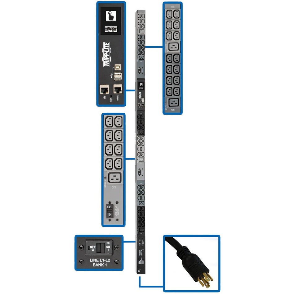 Tripp Lite by Eaton 10kW 200-240V 3PH Monitored PDU - LX Interface, Gigabit, 48 Outlets, L15-30P, LCD, 1.8 m Cord, 0U 1.8 m Height, TAA - PDU3EVN6L1530B