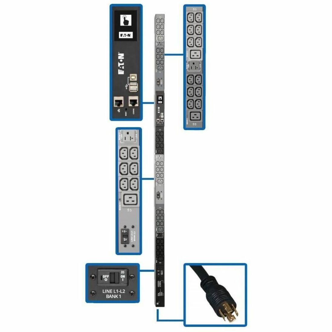 Eaton 8.6kW 208/120V 3PH Monitored PDU - LX Interface, Gigabit, 45 Outlets, L21-30P Input, LCD, 1.8 m Cord, 0U 1.8 m Height, TAA - PDU3EVN6L2130