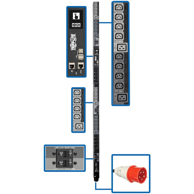 Tripp Lite by Eaton 23kW 220-240V 3PH Switched PDU - LX Interface, Gigabit, 30 Outlets, IEC 309 32A Red 380-415V Input, LCD, 1.8 m Cord, 0U 1.8 m Height, TAA - PDU3XEVSR6G32B