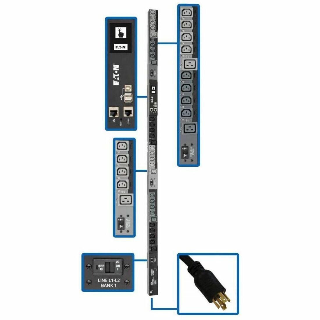 Tripp Lite by Eaton PDU 10kW 200-240V 3PH Switched PDU - LX Interface Gigabit 30 Outlets L21-30P Input LCD 3 m Cord 0U 1.8 m Height TAA - PDU3EVSR10L2130