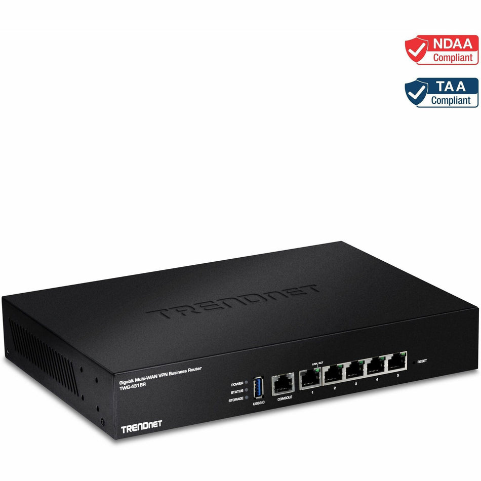 TRENDnet Gigabit Multi-WAN VPN Business Router; TWG-431BR; 5 x Gigabit ports; 1 x Console Port; QoS; Inter-VLAN Routing; Dynamic Routing; Load-Balancing; High Availability; Online Firmware Updates - TWG-431BR