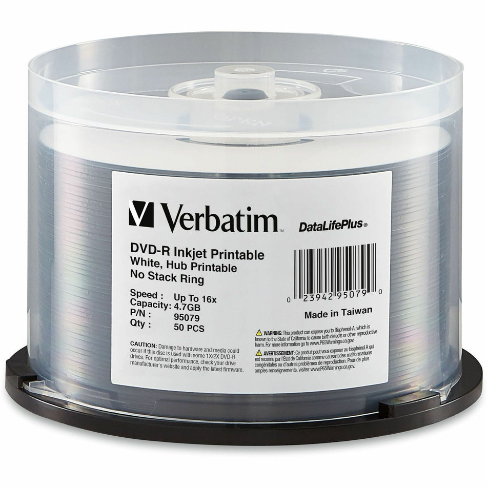 Verbatim DataLifePlus 95079 DVD Recordable Media - DVD-R - 16x - 4.70 GB - 50 / Pack - White - 95079