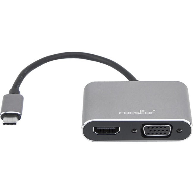 Rocstor Premium USB-C to HDMI & VGA Dual Port Adapter - HDMI 4K @30Hz, VGA 1080p - USB Type- C to 1x HDMI & 1x VGA - 2-Port Adapter - for Mac and Windows - 4Kx2K 30Hz HDMI Resolutions up to 3840x2160, VGA Resolutions up to 1920x1080 @ 60Hz 1080p- for MacBook Pro, Notebook/Desktop PC - ALUMINUM ADAPTER USB-C to HDMI & VGA WINDOWS AND MAC - Y10A204-A1