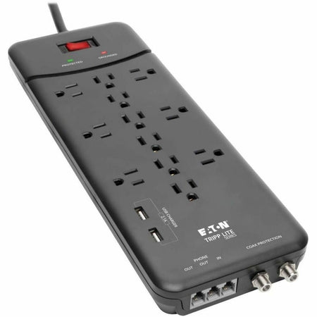 Tripp Lite by Eaton Protect It! 12-Outlet Surge Protector 8 ft. (2.43 m) Cord 4320 Joules Tel/Modem/Coax Protection 2 USB Ports Black - TLP128TTUSBB