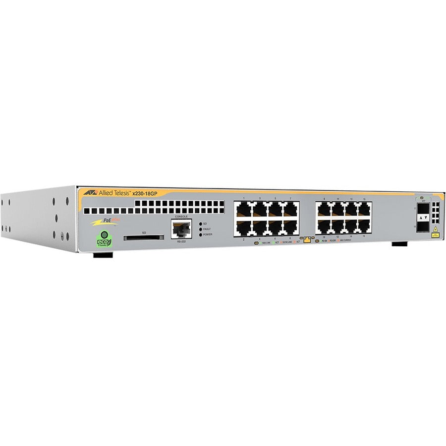 Allied Telesis L3 Switch with 16 x 10/100/1000T PoE Ports and 2 x 100/1000X SFP Ports - AT-X230-18GP-R-90