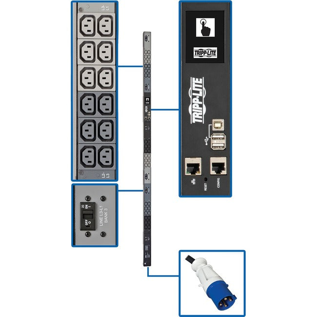 Tripp Lite by Eaton 18.7kW 200-240V 3PH Monitored PDU - LX Interface, Gigabit, 36 C13 Outlets, IEC 309 60A Blue Input, LCD, 1.8 m Cord, 0U 1.8 m Height, TAA - PDU3EVN6G60C