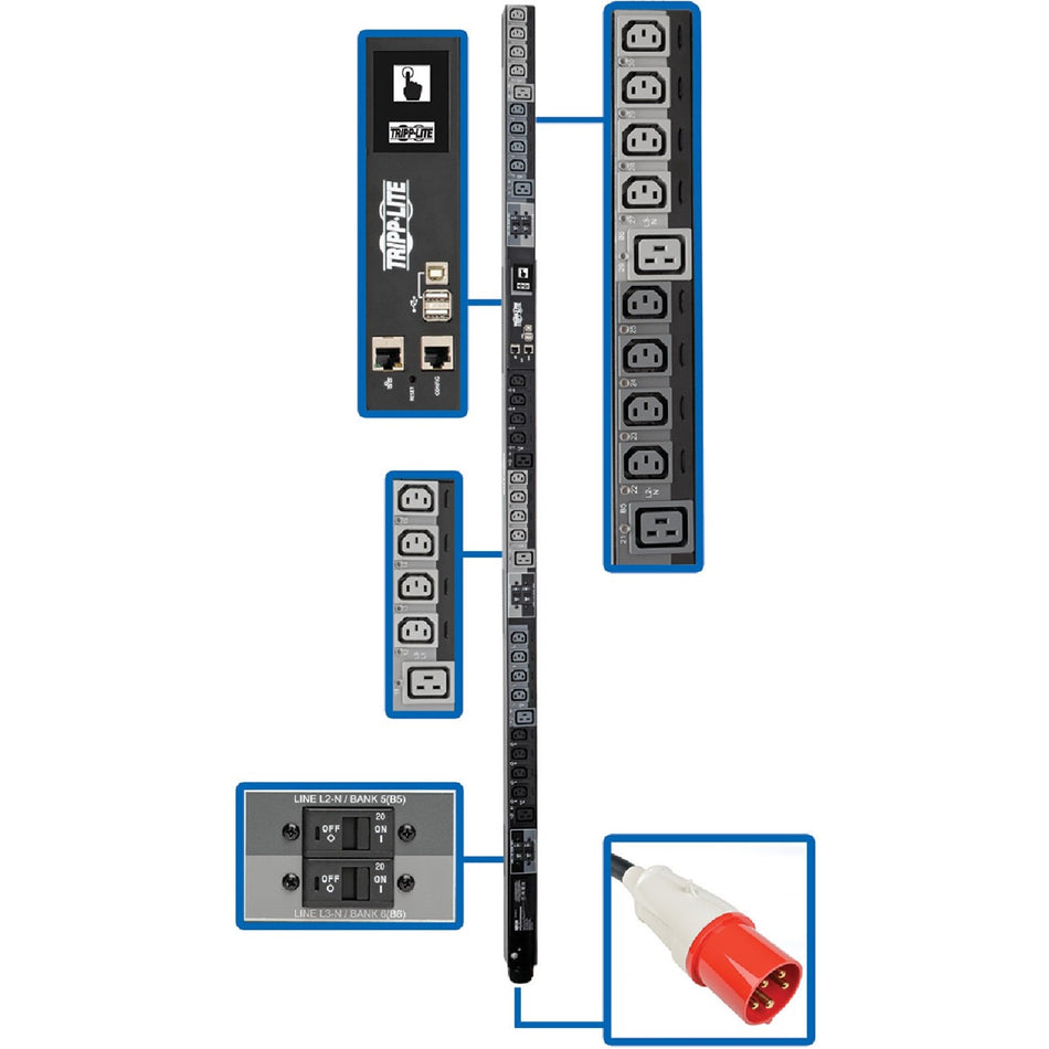 Tripp Lite by Eaton 28.8kW 220-240V 3PH Switched PDU - LX Interface, Gigabit, 30 Outlets, IEC 309 63A Red 380-415V Input, LCD, 1.8 m Cord, 0U 1.8 m Height, TAA - PDU3XEVSR6G63B