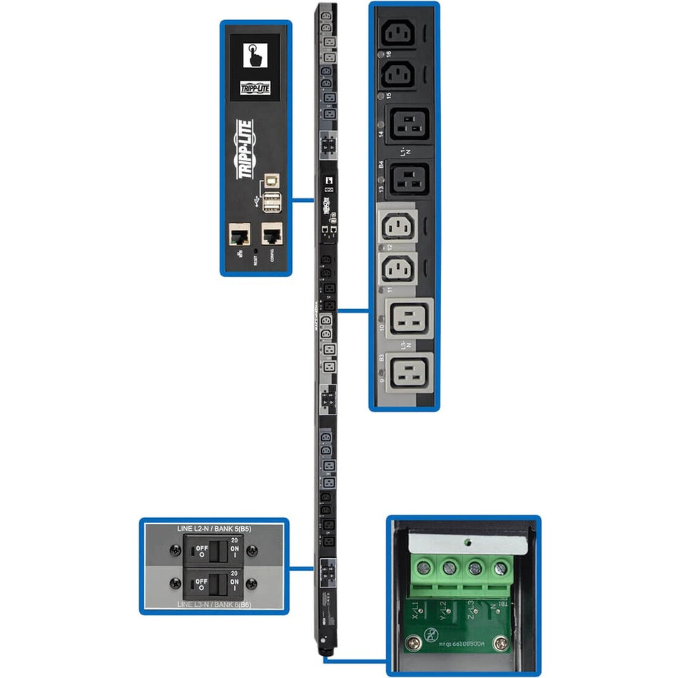 Tripp Lite by Eaton 28.8kW 220-240V 3PH Switched PDU - LX Interface, Gigabit, 24 Outlets, Hardwire 380-415V Input, LCD, 1.8 m Cord, 0U 1.8 m Height, TAA - PDU3XEVSRHWA