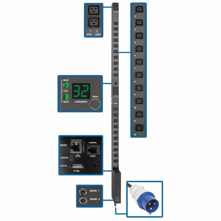 Eaton 7.7kW Single-Phase Switched PDU with LX Platform Interface, 230V Output, IEC 309 32A Blue, 10 ft. (3.05 m) Cord, 0U, TAA - PDUMV32HVNETLX