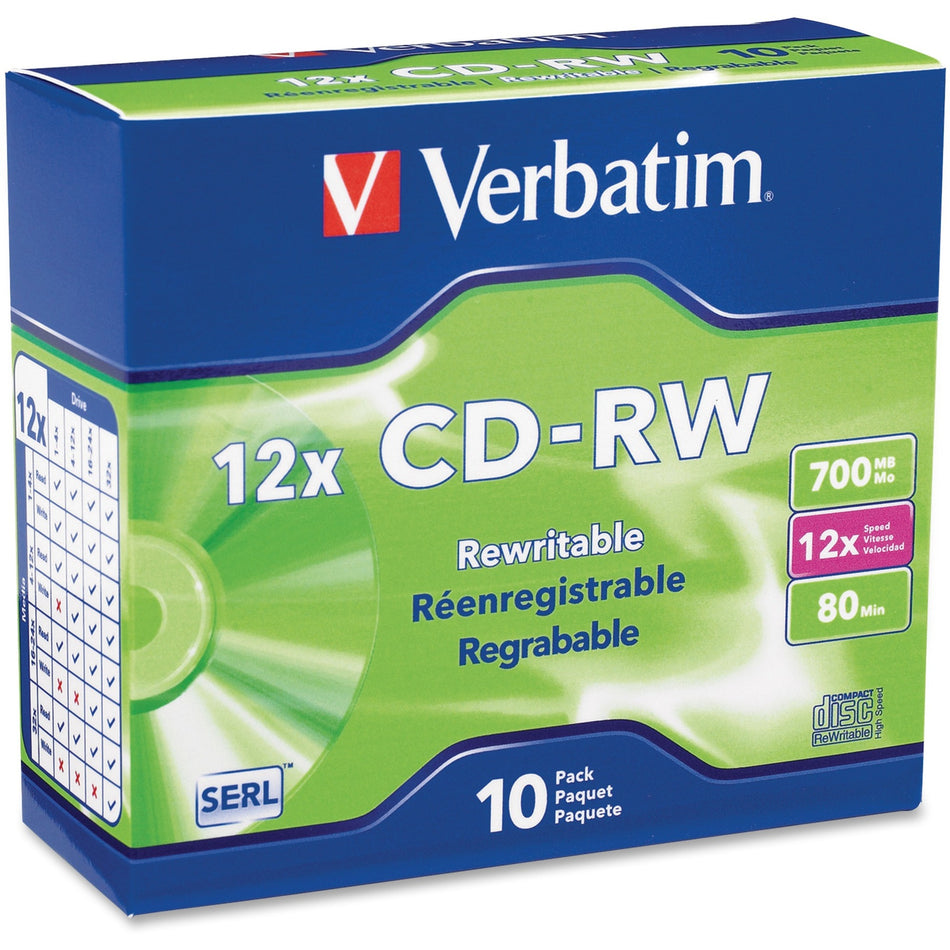 Verbatim CD-RW 700MB 4X-12X High Speed with Branded Surface - 10pk Slim Case - 95156