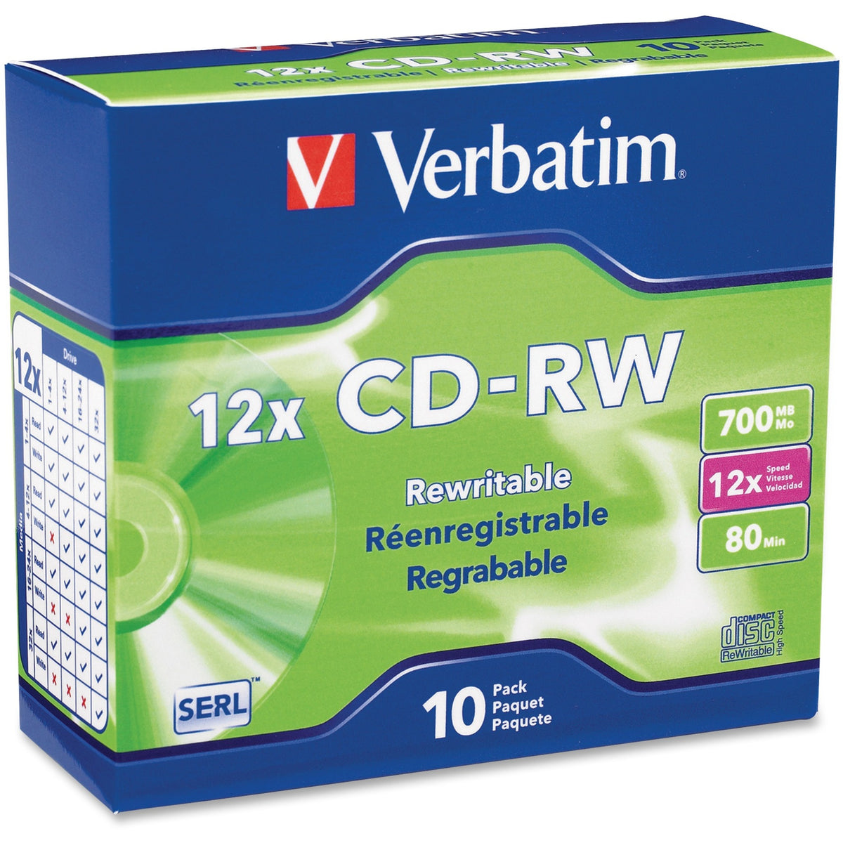 Verbatim CD-RW 700MB 4X-12X High Speed with Branded Surface - 10pk Slim Case - 95156
