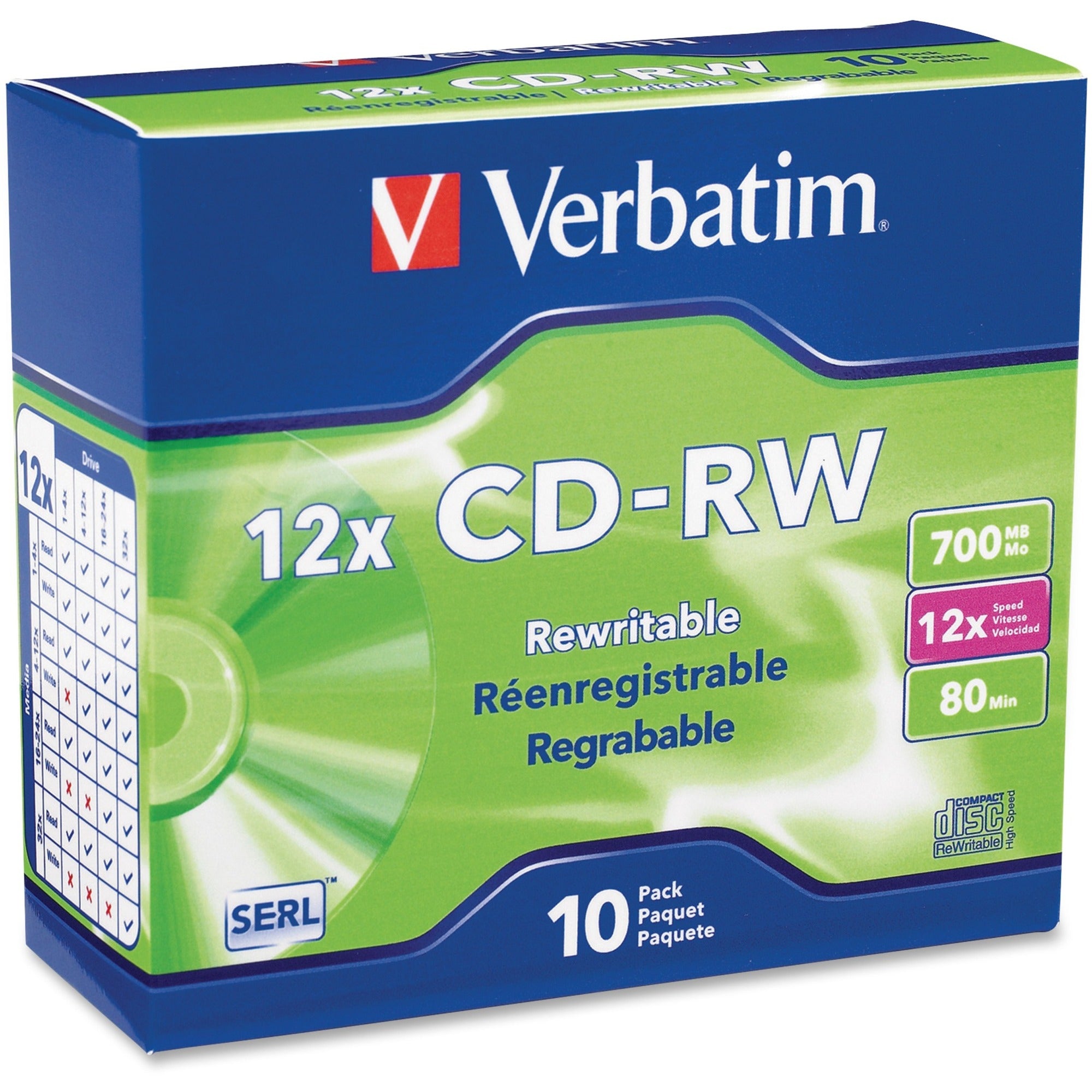 Verbatim CD-RW 700MB 4X-12X High Speed with Branded Surface - 10pk Slim Case - 95156