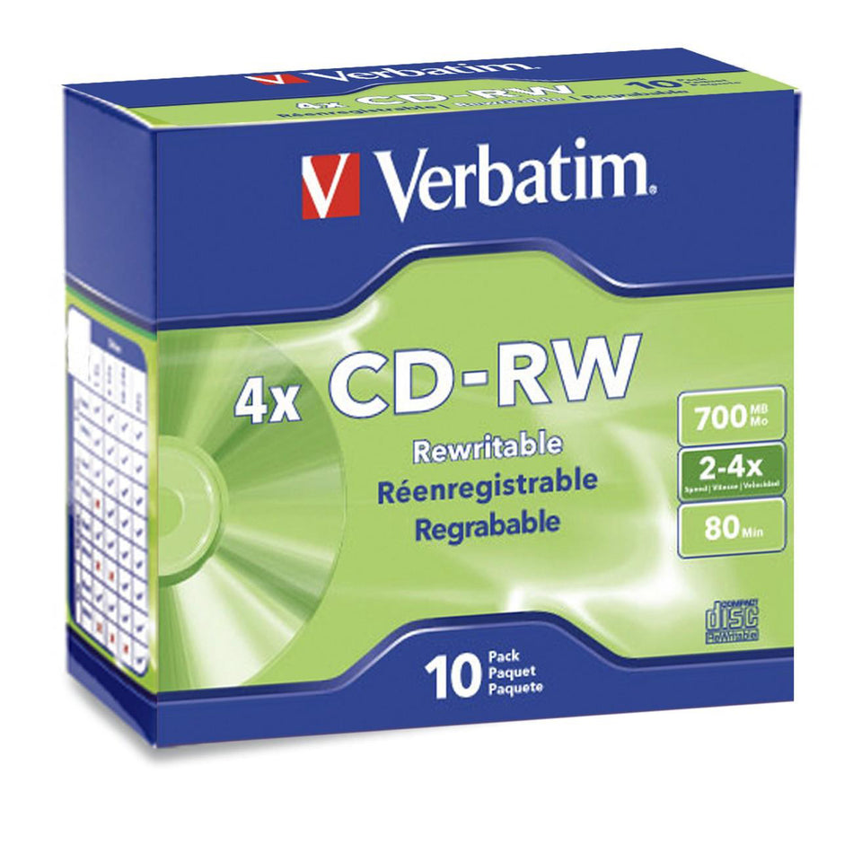 Verbatim CD-RW 700MB 2X-4X with Branded Surface - 10pk Slim Case - 95170