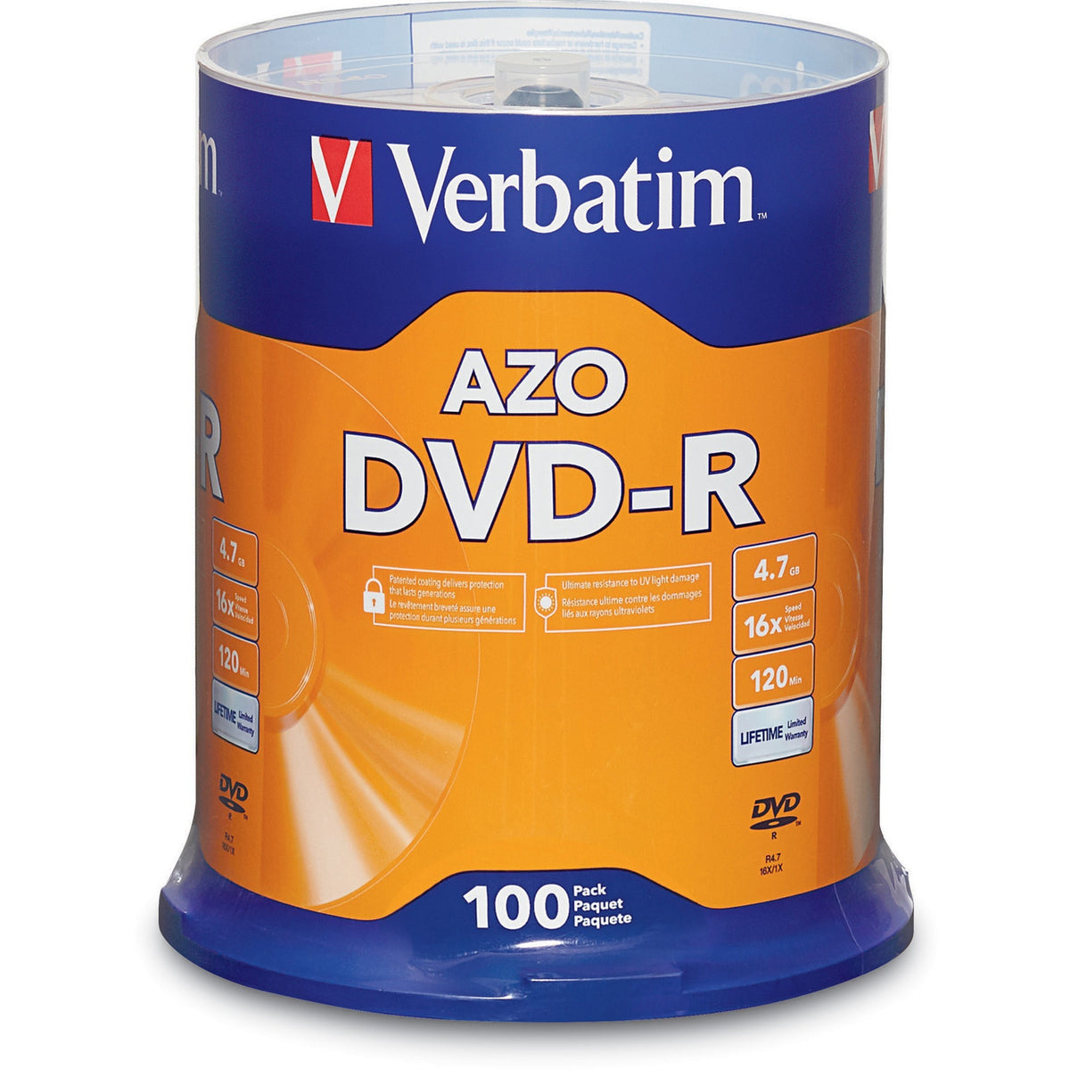 Verbatim 95102 DVD Recordable Media - DVD-R - 16x - 4.70 GB - 100 Pack Spindle - Silver - 95102